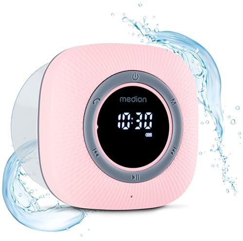 MEDION P66096 Radio de Ducha con Bluetooth (Radio de baño, Radio FM, Ventosa, Pantalla LED, Impermeable IPX6, batería Recargable integrada, MD43884) Rosa