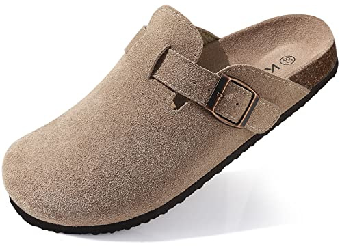 shevalues Women's Suede Clogs Leather Mules Cork Footbed Sandals Slides Potato Shoes with Arch Support Taupe