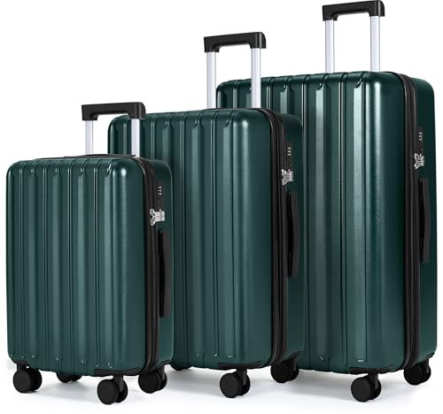 SHOWKOO Kofferset 3 Hartschale Erweiterbar Leicht 100% Polycarbonat Haltbar Reisekoffer Trolley Handgepäck Sets mit TSA Schloss und 4 Rollen- Dunkel Grün