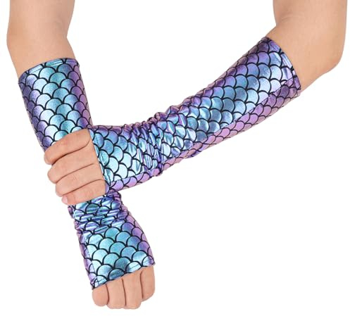 Mikovivi Meerjungfrau-Handschuhe, 29,5 cm Lange Fischschuppen-Handschuhe Glitzernde Meerjungfrau-Armstulpe Fingerlose Handschuhe für Frauen lange Rave-Handschuhe für Cosplay