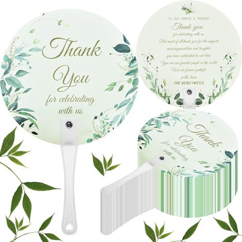 WEESTAAMO 100 Stück Handfächer Hochzeit, Hochzeitsfächer, Gastgeschenke Hochzeit, Vielen Dank für die Feier mit uns Runde Handfächer mit Griff, Für Zeremonie Braut Dusche Party
