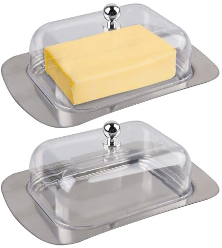 WANDGU 2 Pezzi Burriera in Acciaio Inox: Porta Burro da Frigorifero con Coperchio e Manico, Scatola di Burro Acciaio Inossidabile per 250 g Burro, Conservare Formaggi, Torte, Dessert, Piccoli Frutti