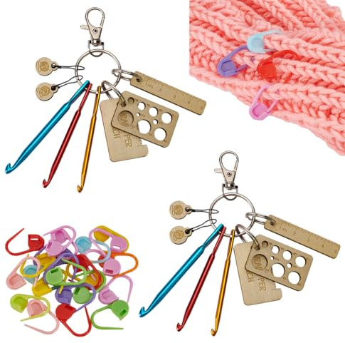 FINGERINSPIRE 2Sets Crochet Hook Keychain with 24pcs Plastic Pins 22x11x3mm Stitch Marker Mini Keychain Aluminum Crochet Hooks Keychain Knitting Needles Portable Crochet Keychain Kit with Pendant Pin