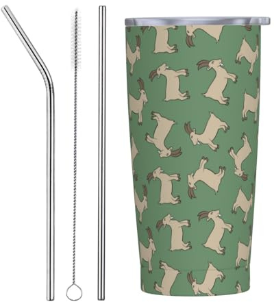VOSERY Botella de agua de 20 onzas con tapa y popote, vaso aislado clásico de cabra verde de cabra, vasos de acero inoxidable, taza de café de viaje, vaso personalizado