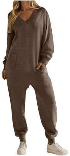 Womens Nightwear Cotton All in One Piece Baggy Playsuit V Neck Long Sleeve Rompers Trousers with Pockets Plain Overalls Oversized Onesie Pants Loose Soft Home Pyjamas Going Out Sleepwear