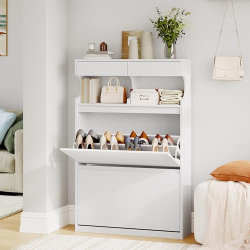 Hzuaneri Schuhschrank, Schuhregal Schuhkipper Schmal, Verstellbar, Schuhkommode für Eingang, Flur, Garderobe, 16 Paar, 2 Klappen (80B cm), Weiß SR45303X