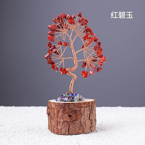 Xiao Hua Base de madera de piedra triturada de cristal natural, base de madera maciza, árbol de la fortuna, piedra natural roja, árbol de la vida, decoración del hogar, 1 unidad