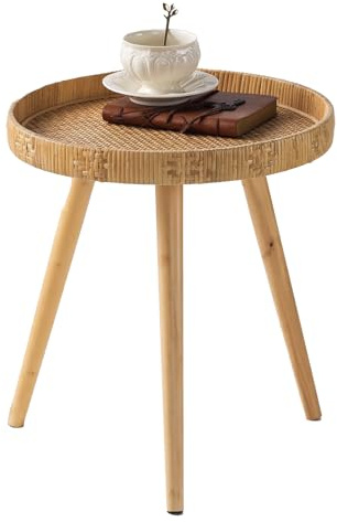 HuiDao Round Side Table, Boho Circle End Table Coffee Table with Solid Wood Leg, Rattan Side Tables Living Room for Small Spaces, Bedroom, Corners