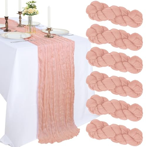 Lot de 6 chemins de table en étamine, 3 m de long, en gaze de style rustique et bohème pour fête de mariage, anniversaire, fête prénatale, centre de table, décoration d'intérieur - Rose pâle