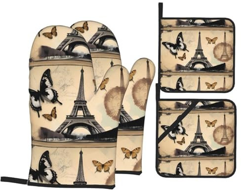 Mitaines De Cuisine Motif Papillon De La Tour Eiffel De Paris Professionnel Baking Gloves Anti Chaleur Maniques pour Cuisson Femmes Barbecue,4 Pièces