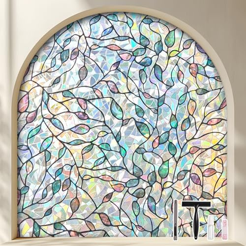KROMAPOLIS película de privacidad de la Ventana del Arco Iris Botánico Window Film Floral y Verde patrón Decorativo estática Decorativa se aferran para la Oficina Cocina Salón Dormitorio(30 * 400cm)