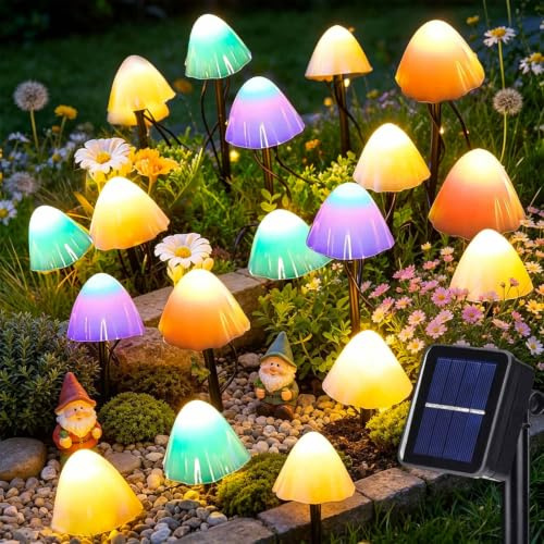 Cozymeow Solar Garden Lights 5M 20 LED Mushroom Solar Lights Outdoor Garden | IP65 Waterproof Mushroom Stake Lights for Pathway Flower Bed Landscape Fence Backyard Pond Decorations (Multicolor)