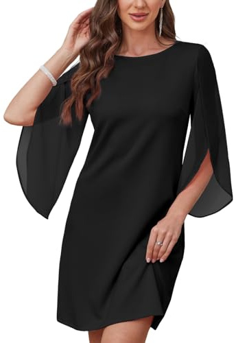 AOWVUTS Vestito Elegante Donna Abito Chiffon con Manica 3/4 Fluente Casual in Girocollo Abito Midi Aderente Bodycon Vestiti da Sera per Cocktail Feste Formali Matrimoni