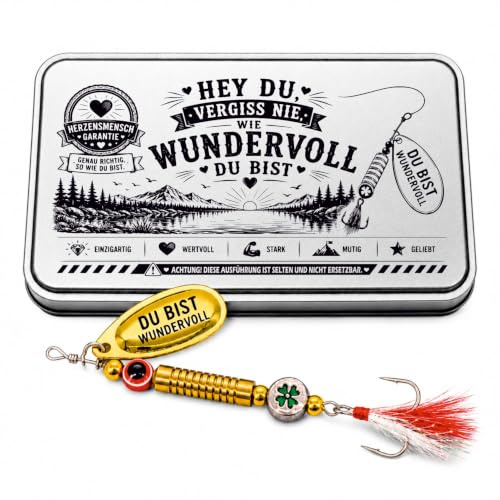 Gluecksfish Anglergeschenk mit Gravur – Angelköder, Spinner & Angelhaken – Geschenk für Angler mit Metallbox „Hey Du – wundervoll“