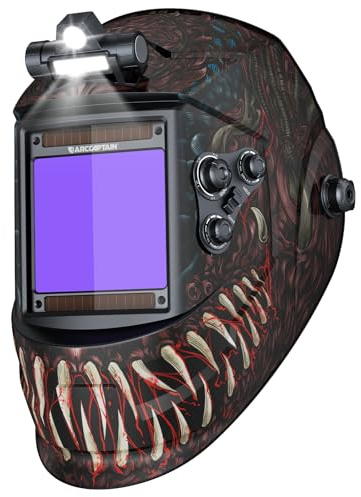 ARCCAPTAIN Large View 3.94 x 3.66 True Color Auto Darkening Welding Helmet with Light, Solar Powered Welding Hood, 4 Arc Sensor Wide Shade 4/5-9/9-13 for Stick MIG TIG Cut, Alien