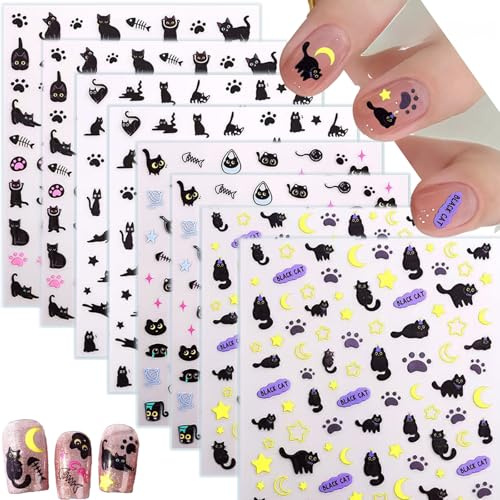 Schwarze Katzen Halloween sticker, 8 Blätter, Halloween Katzen Nagel Sticker, Cartoon Tier Selbstklebe Nagel Decals, süße Cartoon-Maniküre Slider für Frauen und Mädchen