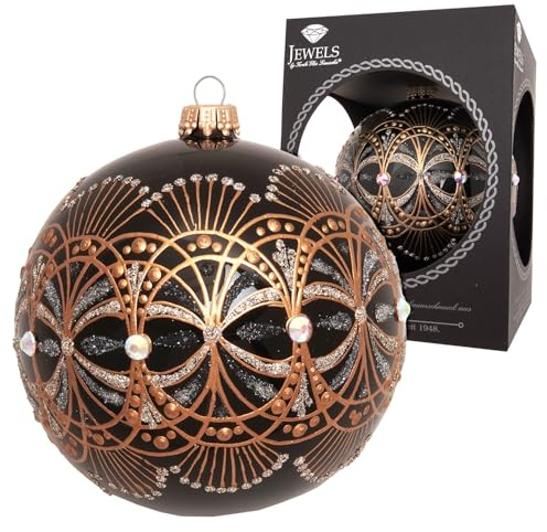 Kräfta glas Lauscha julgransprydnad – julgransboll i glänsande svart med ädel ungdomsstil – handmålad med guld- och glitterdekoration – storlek: Ø 10 cm