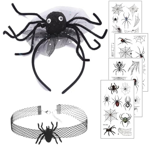 4 Stück Set Halloween Haarreif Damen,2 Stück Halsketten Spinnen Haarschmuck mit 4 Halloween Aufkleber,Spinnen Haarschmuck, Halloweean Kopfschmuck, für Hallowean Abschlussball Karneval Kostüm Party