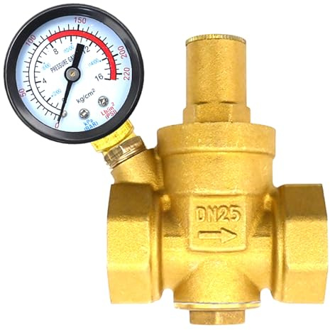JUUDDENPARTS 1 Brass Water Pressure Reducing Valve, Adjustable Water Pressure Regulator with Gauge, DN25 PRV for Solar Water Heater Plumbing System