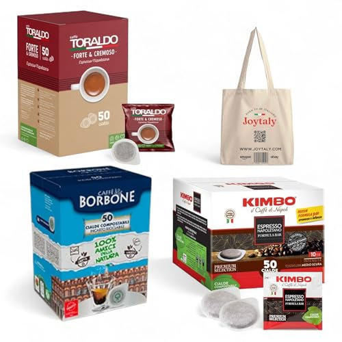 Kit de dégustation de dosettes de café italiennes des meilleurs torréfacteurs, KIMBO ESPRESSO NAPOLI X50 – BORBONE DECISA X50 – TORALDO FORTE E CREMOSO X50 + un cadeau surprise de JOYTALY