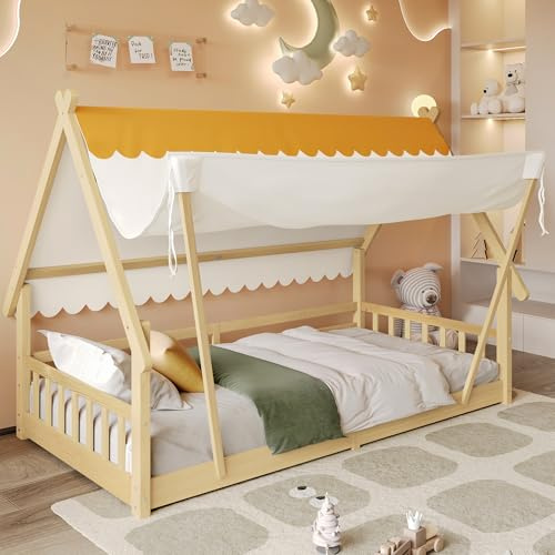 Gxffipw Holzhausdesign Hausbett Kinderbett 90x200 cm mit Abnehmbares Zelt, Einzelbett Bodenbett mit Brüstung und Schlichtes Design, Holzbett Bettgestell mit Lattenrost, Natur, Ohne Matratze