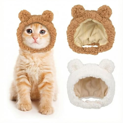 YAPKOLV Divertente Cappello Invernale per Gatti Set 2 Pezzi in Peluche Regolabile Cappello per Cani Adorabili Accessori per Costume di Gatti (marrone e bianco)