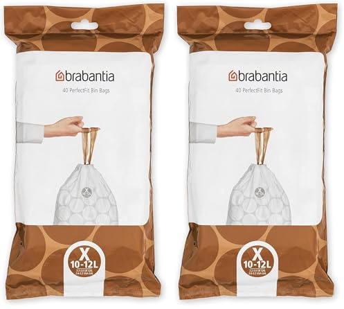 Brabantia 138041 PerfectFit Bin Liners (Size X/10-12 Litre) Thick Plastic Trash Bags with Tie Tape Drawstring Handles (40 Bags), White (Pack of 2)
