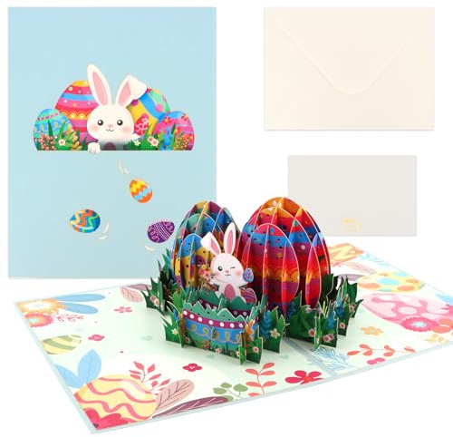 Pop Up Karte Ostern - Osterkarten mit Umschlag, 3D Ostergrußkarte mit Hase & Osterei-Design, Frohe Ostern Karte Nostalgisch, Osterkarten Klein Set für Familie & Freunde