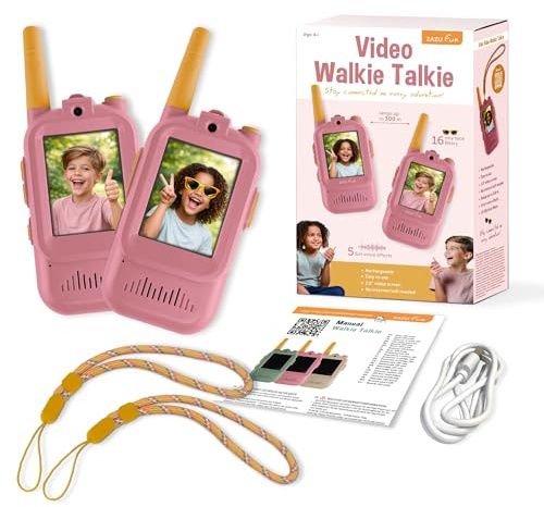 ZAZU Video Walkie Talkie para niños con cámara, juego de 2, alcance de 300 m, pantalla de 2,0 pulgadas, recargable por USB, 5 efectos de voz y 16 filtros, radio con vídeo para interior y exterior