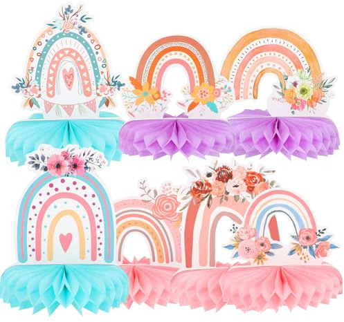 FOYTOKI Set da 7 Pezzi di Decorazioni a Palla Nido D’ape Arcobaleno per Feste di Compleanno, Centrotavola Boho da Tavolo per Eventi e Party