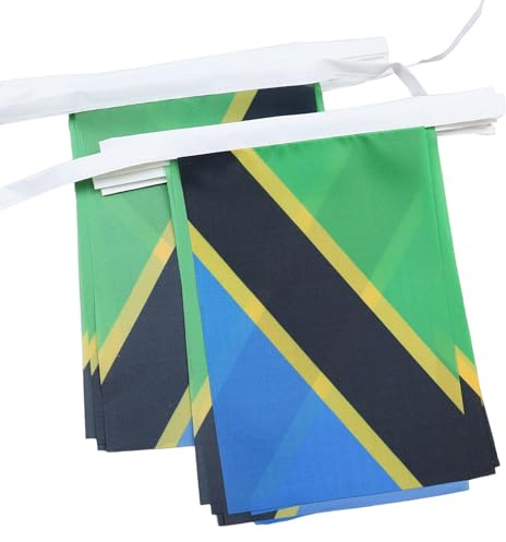 AZ FLAG Wimpelkette Tansania 6 m 20 Flaggen Leichtes Polyester 21x15 cm | Für innen und außen Tansanische Flaggenkette Tanzania Flaggen auf verstärktem Band vernäht