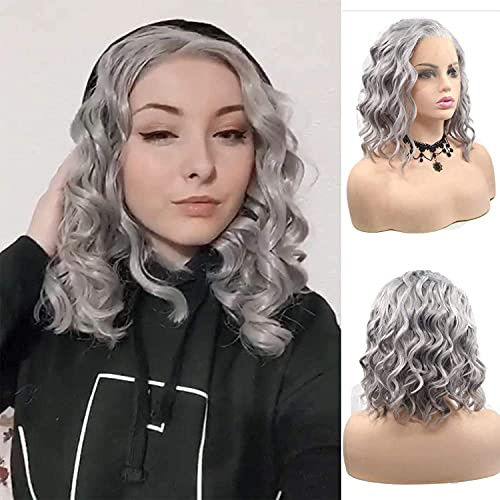 Karissa Hair Beach Wave Grau Kurze Bob Haare Synthetische Lace Front Perücke Seitenscheitel Silber Grau Kurze gewellte Bob Perücken für Frauen