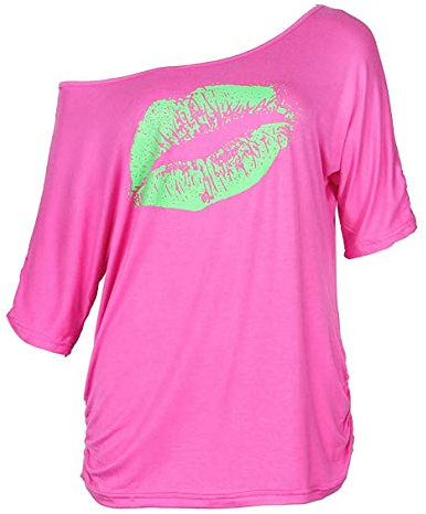 Smile Fish Damen-T-Shirt, schulterfrei, langärmelig, mit aufgedrucktem sexy Lippenmotiv Gr. XXX-Large, Pink-Grün