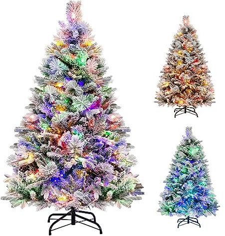 COSTWAY 4.5ft/6ft Pre-Lit Snow Flocked Christmas Tree, Hinged Artificial Xmas Tree with LED Lights, Branch Tips, Seasonal Decoration Tree for Holiday Party (136 cm)