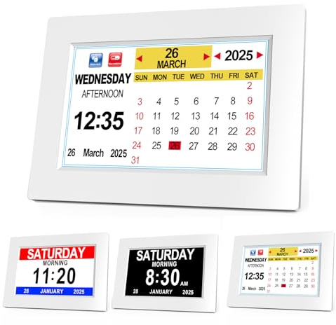 Sinoviwe Digital Calendar Alarm Clock, 8 Large Display clocks with Day Date & Month Year, Temperature,Memory Loss Dementia Alzheimer Impaired Vision Clock for Living Room Bedroom Office (White)