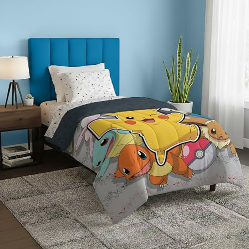 Northwest Pokemon Twin Sized Bed in a Bag Set, Pikachu Squirtle Eevee Charmander, Anime Bedding for Girls Boys, Battle Squad