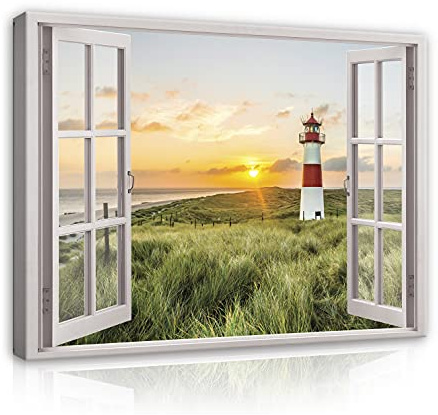 WallArena Leinwand Bilder 80x60 cm | Fensterblick Strand Leuchtturm Fenster, Leinwandbilder, Bild auf leinwand, Format: 80x60 cm (BxH) - einteilig auf
