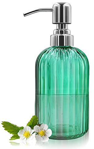 14 Oz Glass Soap Dispenser with 304 Rust Proof Stainless Steel Pump, Refillable Hand Liquid Soap Dispenser for Bathroom, Kitchen， Countertop, Laundry Room (Green)