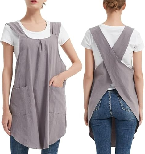 Aoipend Japanskt förkläde för kvinnor med 2 fickor linne korsrygg söt pinafore-klänning för kök matlagning trädgårdsarbete målning, grå, medium