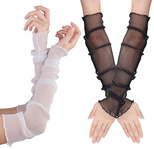 2 Paar Armstulpen Damen Kühlung Arm Ärmel Lange Ultradünne Fingerlose Ellbogen Sommerhandschuhe Sonnenschutz UV Schutz Kühles Netz Tül Fingerlose Armstulpen Perfekt Party Outdoor Sportaktivitäten