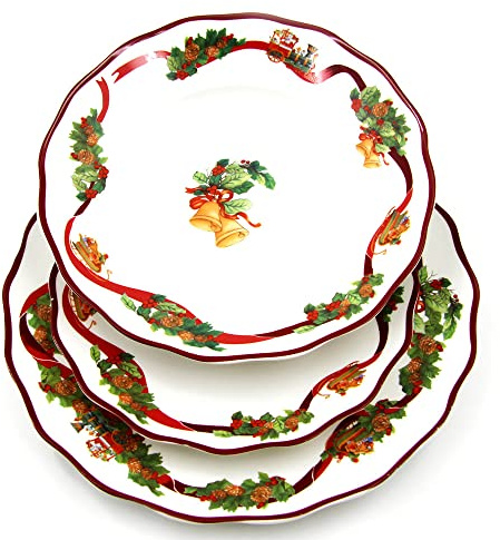 The Royal Family Servizio Piatti di Natale Decoro Campanelle con bordi rossi per 6 posti tavola (18 Pezzi) in Porcellana Lucente e Resistente - Adatto a lavastoviglie e Forno -Christmas Wishes