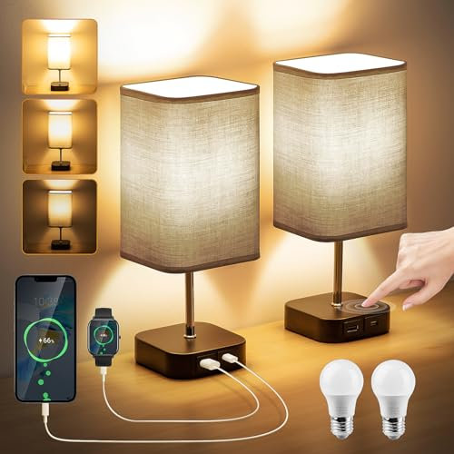 Lampe de Chevet Tactile Lot de 2 - Lampes de Table 3 Intensité Gradation avec USB C+A Ports à Charge, Lampe Chambre de Moderne Abat-jour en Tissu pour Salon Bureau Hôtel (2 Ampoules Incluses)