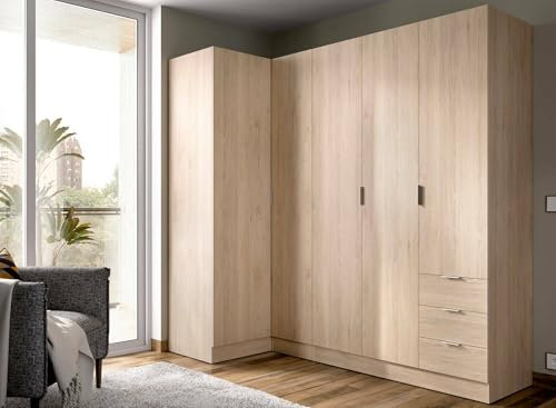 Dmora - Großer Kleiderschrank Succiso, Eckschrank für Schlafzimmer, Eckschrank mit 5 Flügeltüren, 214 x 91 x 184 cm, Eiche