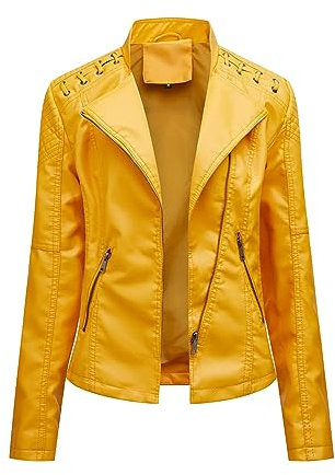DABAOK Water Proof Coat Solid Standing Collar Thin Motorcycle Suit Short Jacket Jacket Waist Coat Women (Yellow, L)