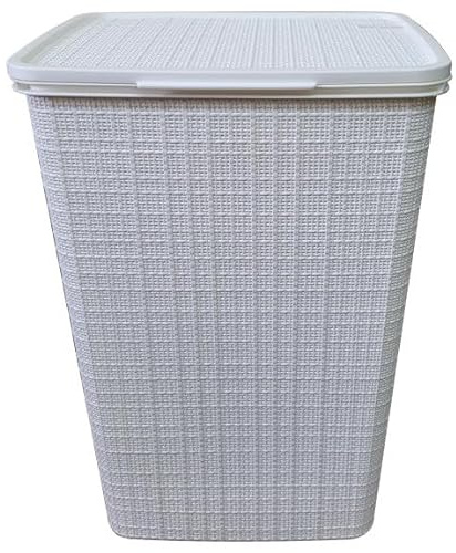 YBM Home Plastic Rattan Laundry Hamper Basket with Hinged Lid, Ventilation Holes, Durable, Lightweight Bin With Cutout Handles, Storage Dirty Clothes, Space Saver, 16.75 x 13.5 x 23.75, White