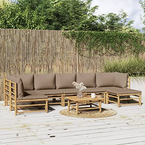 PTUGUOF 8-TLG. Bambus Lounge-Set Taupe mit Kissen, modulares Outdoor-Lounge-Set für Garten, bestehend aus Sofa mit Armlehnen und Rückenlehne, dick gepolsterten Sitzkissen sowie