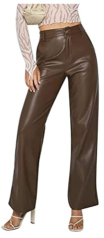 NIULI Pantaloni da donna in similpelle, pantaloni in pelle, vita alta, dritti, gamba larga, leggings in PU, elasticizzati (colore: marrone, taglia: S)