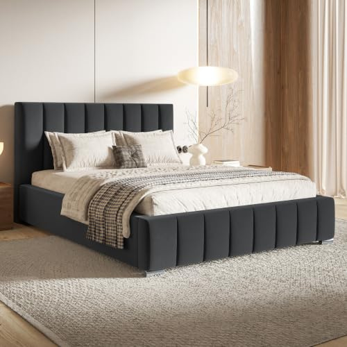 MOTIVENA Vigo Bett 200x200 Grau Samt, mit Stauraum, mit Kopfteil, mit Lattenrost, mit Füßen, ohne Matratze, Polsterbett 200x200 mit Bettkasten Grau (Anthrazit)