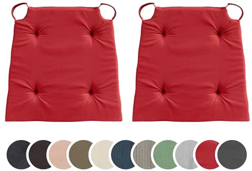 sleepling 2er Set Stuhlkissen, 42 (vorne) 35 (hinten) x 40 x 5 cm, Rot | Sitzkissen für Stuhl & Bank mit Klettverschluss, Indoor & Outdoor, 100% Baumwolle, Made in EU, Waschbar bis 30 Grad, 2 Stück