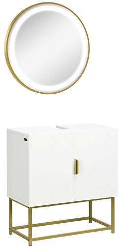 kleankin Conjunto de Baño con Luz LED 60x30x65 cm Ø60x4 cm Blanco y Dorado | Juego de Mueble para Debajo del Lavabo, Patas de Acero, Espejo de Baño, Interruptor Táctil